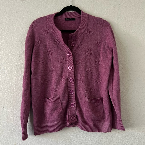 Belle Femme Women’s Wool Cashmere Blend Mauve Cardigan Large Grandma Cozy - Picture 1 of 16
